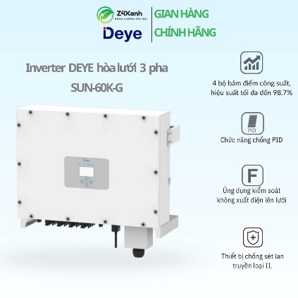 Inverter Deye hòa lưới 3 pha 60kW, 4 MPPT (kèm WiFi), Model SUN-60K-G